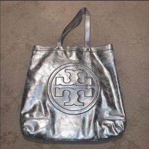Tory Burch Silver Metallic Tote Bag